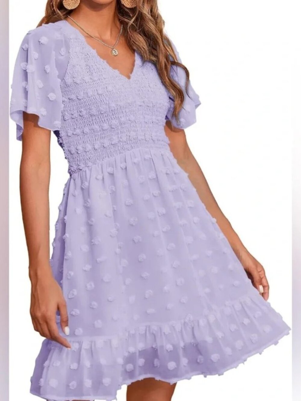 Annebouti Women's, Summer Mini Smocked Swiss Dot Dress, Casual Dress.